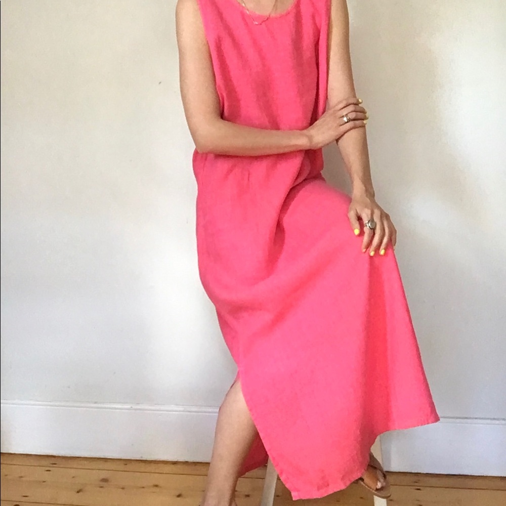 Watermelon pink linen dress